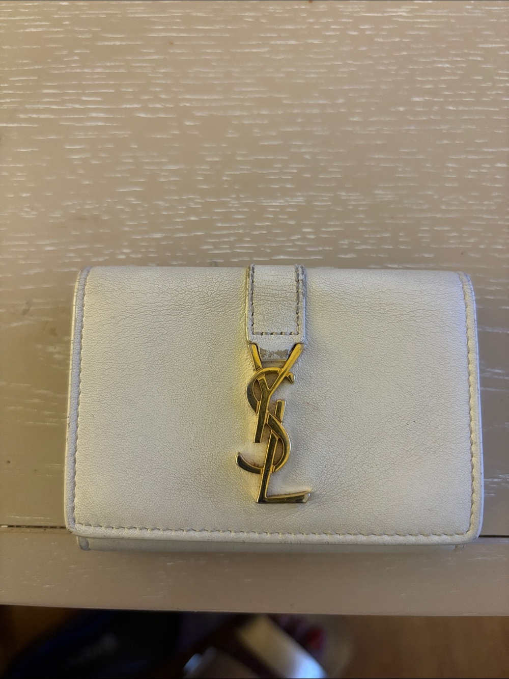 Saint Laurent White Leather Compact Wallet with Gold YSL Emblem